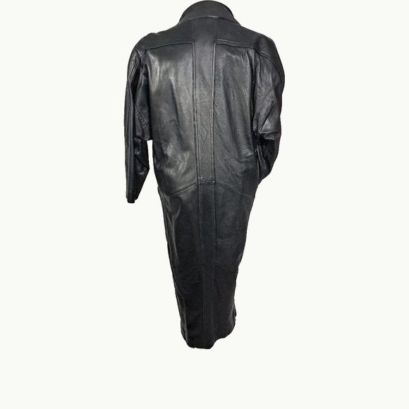 Black Full Length Tapered 100% Genuine Leather Vintage Women's Coat - Picture 2 of 7